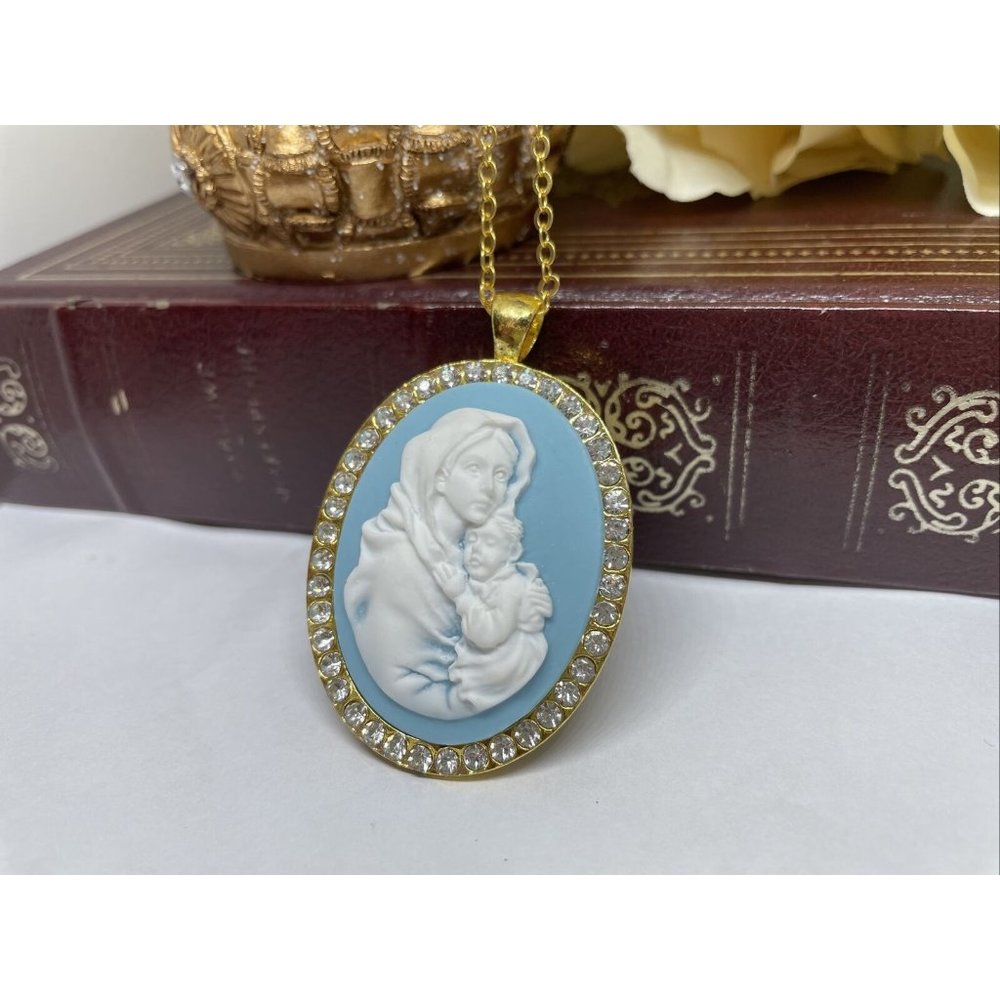 Anniversary mom Gift Blue White Wedding Jesus Cameo Mother Child Gold Crystal - Picture 3 of 9